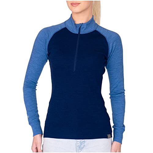 MERIWOOL Womens Base Layer 100% Merino Wool Midweight 250g Half Zip Sweater for Women Sky Heather/Navy