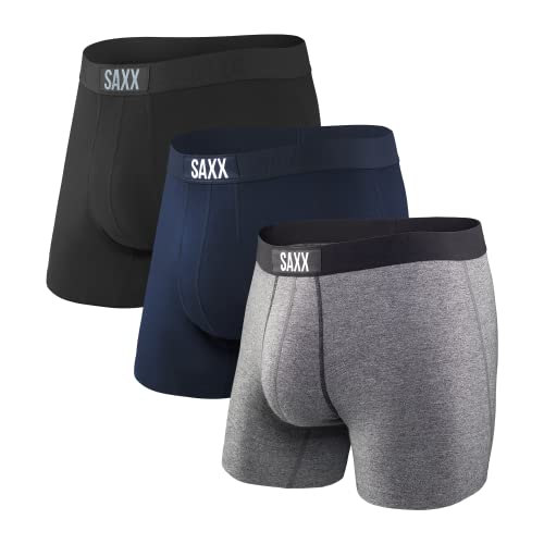 SAXX Underwear Co. Underwear Men's Underwear VIBE Super Soft Boxer Briefs with Built-In Pouch Support Boxer Briefs, Pack of 3, Black/Grey/Blue,Medium