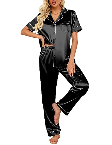 Ekouaer Satin Pajama Set Short Sleeve Sexy Silk Sleepwear Soft Casual Pj Set (Black,Medium)
