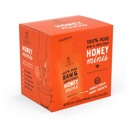 Nate's Honey Minis - Single-Serve 100% Pure, Raw & Unfiltered Honey – 0.49oz Packets, 20ct box