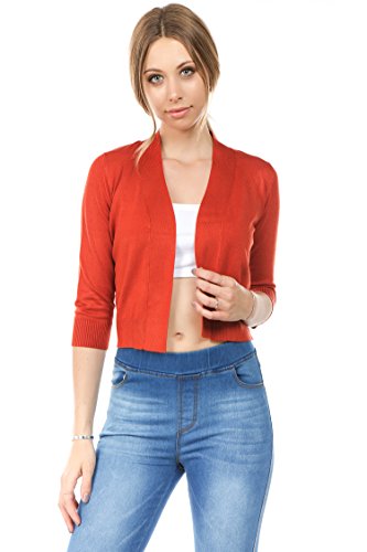 Cielo Women's Soft Solid Colored Open Front 3/4 Sleeve Cardigan Rust Medium