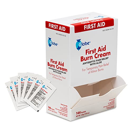 Globe First Aid Burn Cream 0.9g Packets, (Box of 144) Advanced First Aid Cream for Temporary Relief of Minor Burns, Cuts, and Scrapes