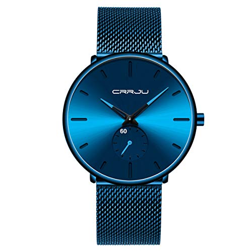 Mens Watches Ultra-Thin Minimalist Waterproof-Fashion Wrist Watch for Men Unisex Dress with Stainless Steel Mesh Band-Blue Hands（Blue Band Blue Face）