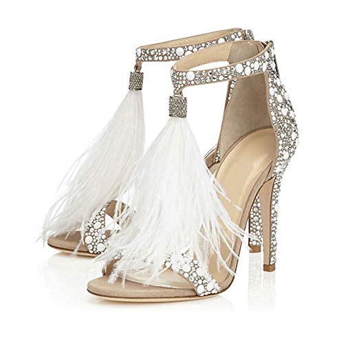 Hinyyrin Women's Tassels Rhinestone Heeled Sandals Wedding Dress White Sandals Stiletto Heel Pearl Size 6