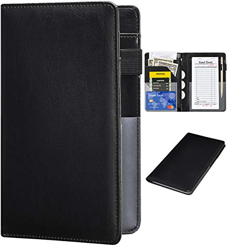 Server Books for Waitress - Leather Waiter Book Server Wallet with Zipper, Cute Waitstaff Organizer with Money Pocket Fit Server Apron（Classic Black）