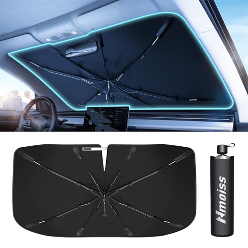 [2024 Upgrade] Nmoiss Windshield Sun Shade Umbrella for Car - [Newest Vinyl Coating] Protect Car from Sun Rays & Heat Damage Keep Cool and Protect Interior, Spring Structure Edge Medium (56'L x 33'W)