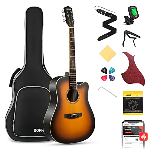 Donner Acoustic Guitar for Beginner Adult Full Size Cutaway Acustica Guitarra Bundle Kit with Free Online Lesson Bag Strap Tuner Capo Pickguard String Pick, Right Hand 41”Sunburst, DAG-1CS/DAD-160CS