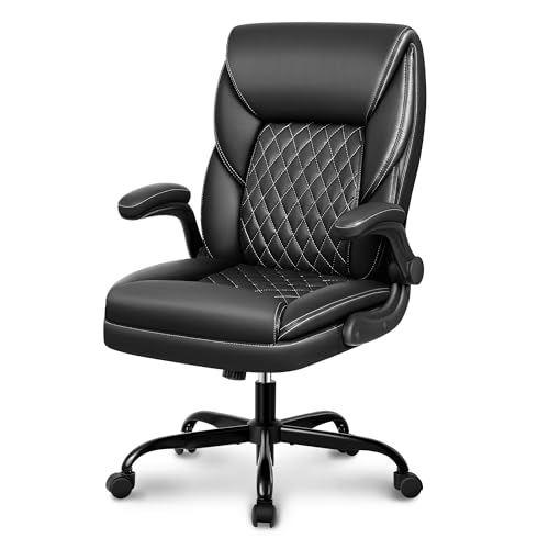 BestEra Office Chair, Executive Leather Chair Home Office Desk Chairs, Ergonomic Computer Desk Chair with Adjustable Flip-Up Arms, Lumbar Support Swivel Task Chair with Rocking Function (Black)
