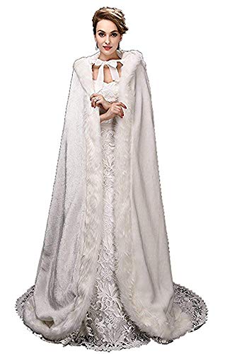 White Women's Wedding Cloak Coat with Hoods Winter Long Jacket Bridal Wraps Warm Faux Fur Cape (Large, White)