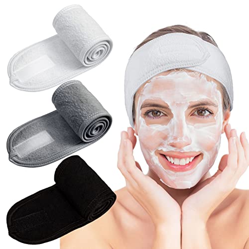 Whaline Spa Facial Headband Make Up Wrap Head Terry Cloth Headband Adjustable Towel for Face Washing,Shower, 3 Pieces (White, Black, Gray)