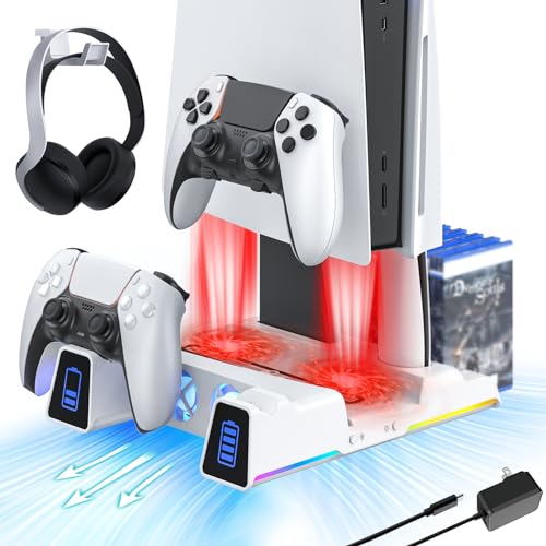 NexiGo PS5 Slient Cooling Stand with RGB LED Light, Dual Charging Station Compatible with DualSense Edge Controller, Hard Drive Slot, Headset and Remote Holders, 10 Game Slots, White
