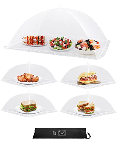 Lauon Food Covers, 1 Extra Large (40'X26') & 4 (17'X17'), 5 Pack White Mesh Plate Serving Tents, Pop-Up Umbrella Screen Tents, Jumbo Food Net for Outdoor Picnics Parties BBQ, Collapsible and Reusable