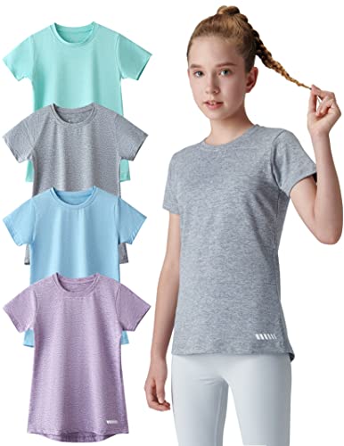 4 Pack: Youth Girls Athletic Shirts, Short Sleeve Dry Fit Apparel Tech Tshirts, Sports Activewear for Kids Teens (Set 1, Large)