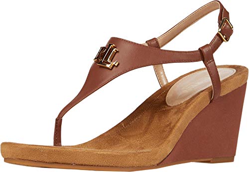 LAUREN Ralph Lauren Jeannie Wedge Sandal for Women - Adjustable T-Strap, Open-toe Casual High platform Wedges - Polo Tan 7.5 B - Medium