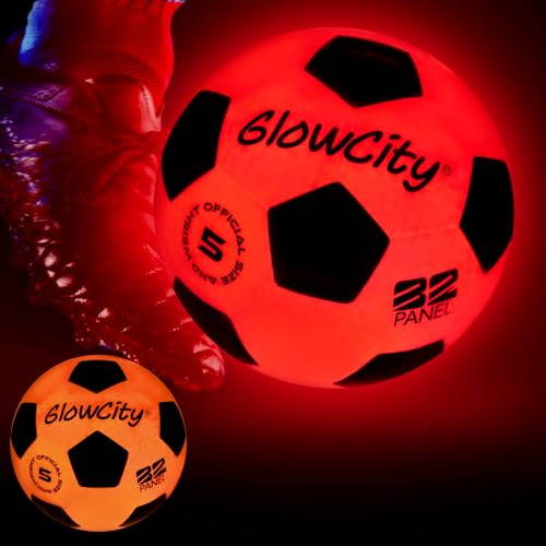 GlowCity Glow in The Dark Soccer Ball | Light Up Indoor/Outdoor Soccer Ball with 2 LED Lights | Pre-Installed Batteries | Fun Gift for Teens