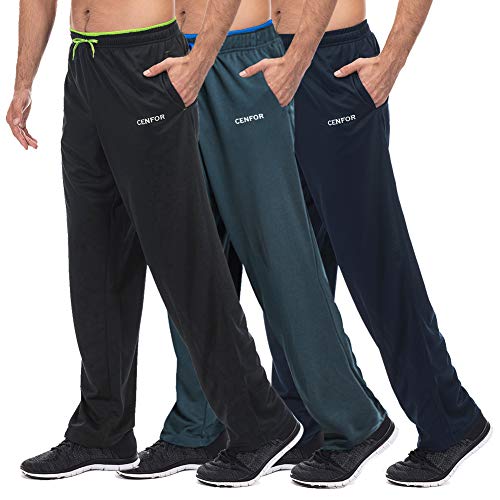 CENFOR Men's Sweatpant with Pockets Open Bottom Athletic Pants,3 Piece, Jogging, Workout, Gym, Running, Hiking, Training, Set(Black,Gray,Navy Blue,XL)
