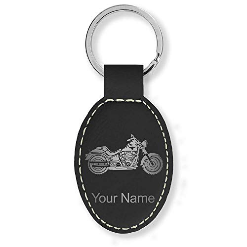 LaserGram Oval Keychain, Motorcycle, Personalized Engraving Included (Black with Silver)