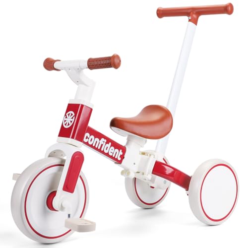 XIAPIA Tricycles for 1-3 Year Olds, 5 in 1 Toddler Balance Bike with Removable Pedal, Push Trike Toys with Adjustable Pushrod for 2 3 4 5 Year Old Boys & Girls, Birthday Gifts for Kids (Red)