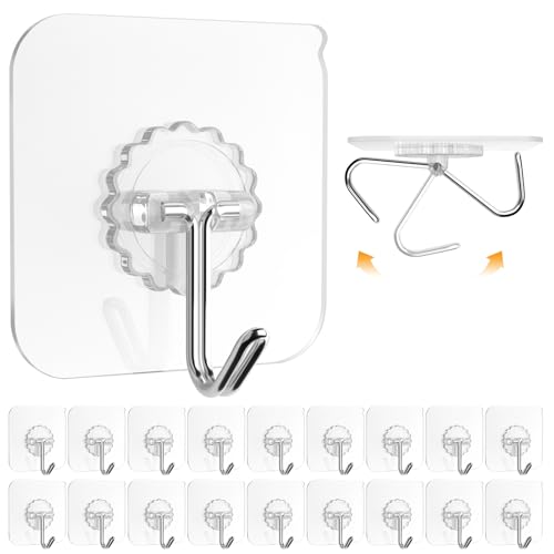 Wall Hooks 20lb(Max) Transparent Reusable Seamless Hooks,Waterproof and Oilproof,Bathroom Kitchen Heavy Duty Self Adhesive Hooks (20 transparent)