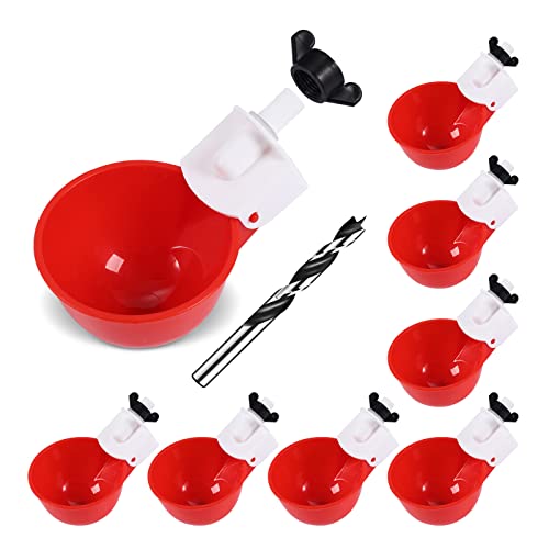 Psarnuk Chicken Waterer Cups (8 Pack/Red) - DIY Automatic Large Chicken Water Feeder for Ducks,Chicks, Turkeys, Quail, Bunny, Bird and Other Various Poultry Dispenser with Matching Drill