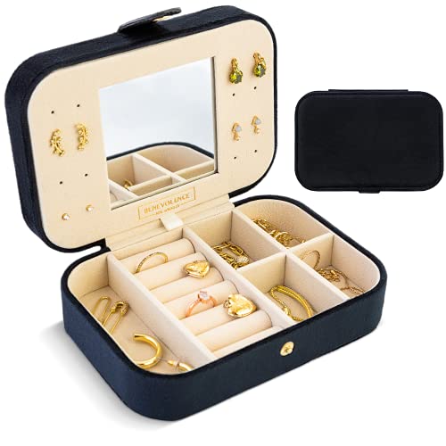 Benevolence LA Plush Velvet Travel Jewelry Storage Box | Travel Jewelry Organizer, Travel Jewelry Case | Small Jewelry Box for Women, Jewelry Travel Case | Earring Organizer Box with Mirror - Ebony