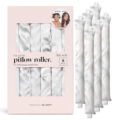 Kitsch Satin Pillow Rollers for Hair - Soft Rollers for Hair, Softer than Silk Rollers for Hair Styling, Flexible Curling Rod, Satin Rollers for All Hair Types, Heatless Satin Hair Curler - 6pc Marble