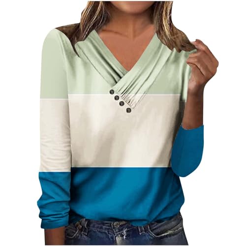 Deal Day Clearance Women's Long Sleeve Henley Shirts Button V Neck Casual Loose Tunic Blouse Tops Color Block Graphic Tee Shirt Shirts Green