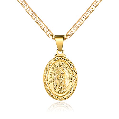Barzel 18K Gold Plated Flat Mariner/Marina Chain Necklace With Virgin Mary Guadalupe Charm Pendant 3MM (20)