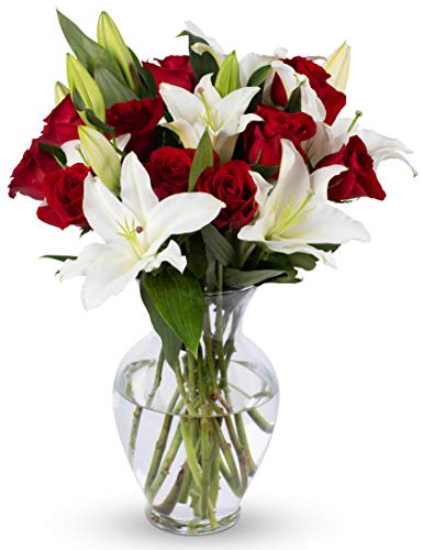 BENCHMARK BOUQUETS - Red Roses & Lilies (Glass Vase Included), Prime Next-Day Delivery, Gift Mother’s Day Fresh Flowers