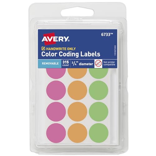Avery Color-Coding Removable Labels, 3/4 Inch Round Labels, Assorted Neon Colors, Non-Printable, 315 Dot Stickers Total (6733)