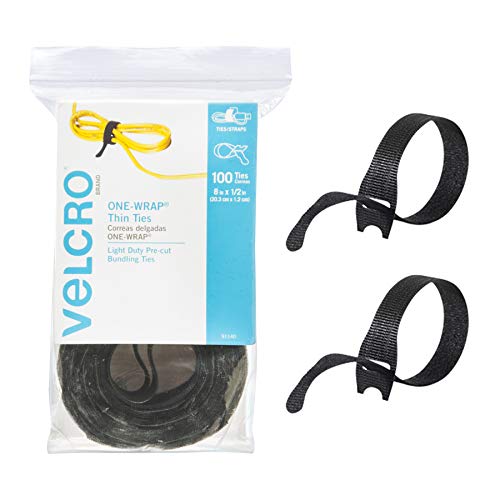 VELCRO Brand ONE-WRAP Cable Ties, 100Pk, 8 x 1/2' Black Cord Organization Straps, Thin Pre-Cut Design, Wire Management for Organizing Home, Office and Data Centers