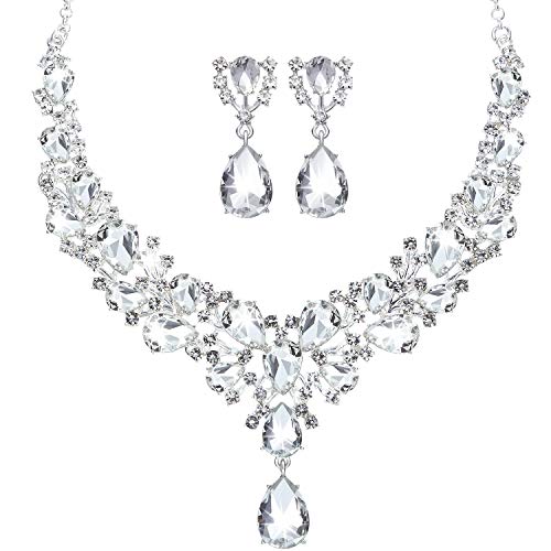 Bridal Teardrop Cluster Crystal Jewelry Set for Women Necklace Earrings Wedding (Silver)