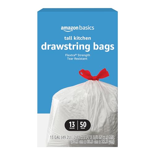 Amazon Basics Flextra Tall Kitchen Drawstring Trash Bags, 13 Gallon, Unscented, 50 Count