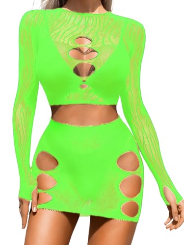 EHSUYAB Fishnet Poster Dress for Women, Sexy Outfits 2 Piece Dancer Dancewear Plus Size, Two Piece Set Club Party Concert Rave Music Festival Glow in The Dark Blacklight One Size Neon Green