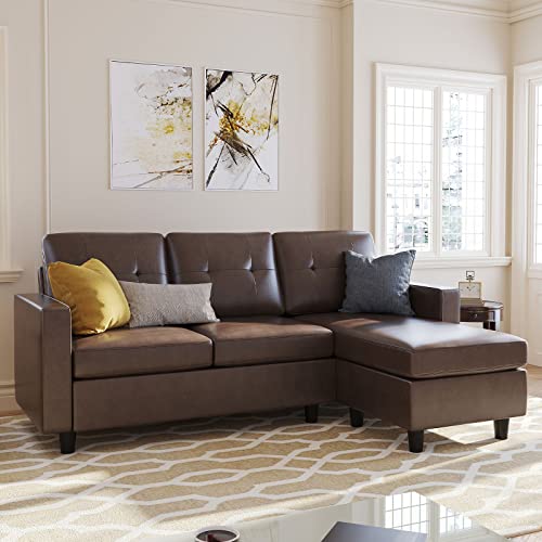 HONBAY Faux Leather Sectional Sofa, Convertible Sectional Couch L Shaped Couch Sofa for Small Space, Brown