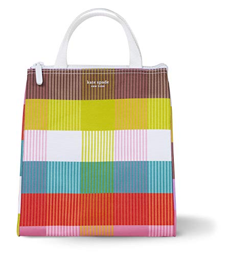 Kate Spade New York Cute Lunch Bag for Women, Large Capacity Lunch Tote, Adult Lunch Box with Silver Thermal Insulated Interior Lining and Storage Pocket, Rainbow Plaid