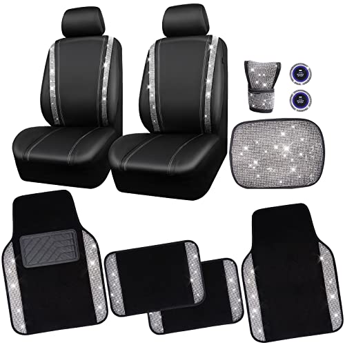 CAR PASS Rhinestone Bling Car Seat Covers Leather &Shining Diamond Floor mats Carpet Waterproof Anti-Slip Nibs& Bling Accessories Interior Sets for Women Silver Glitter White Crystal Sparkly