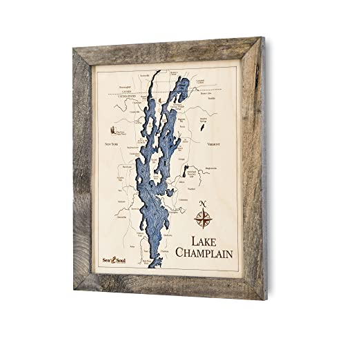 Sea & Soul Lake Champlain Nautical Decor Wall Art, 13' x 16' 3D Wood Map, Handmade Unique Gifts, Lake Art, Lake House Decor Gifts (Rustic Pine - Deep Blue)