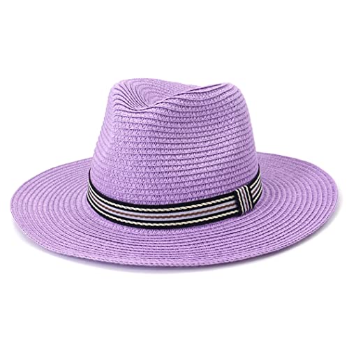 Wide Brim Straw Jazz Hat Spring Summer Women Outdoor Beach Travel Sun Hat Casual Ribbon Panama Bucket Cap Fedoras Purple