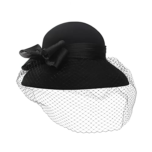 RETRONLY Black Church Hats with Veil - Elegant Cloche Hat Wool Felt Winter Wide Brim Pillbox Hats