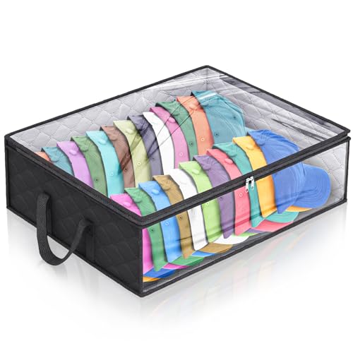 Fixwal Wide Hat Storage for Baseball Caps Organizer with 2 Sturdy Handles Hat Racks Holds Up to 40 Hats Foldable for Home Travel (Black)