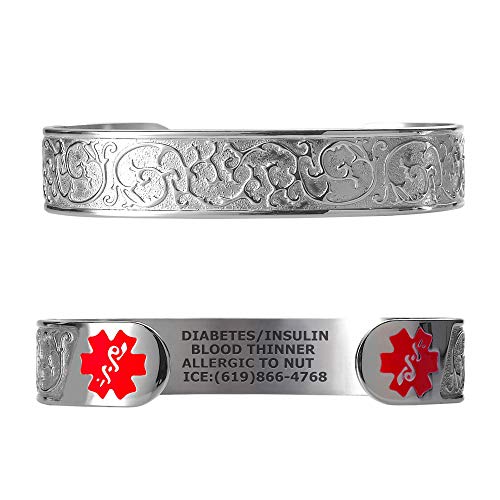 Divoti Custom Engraved Medical Alert Bracelets for Women, Stainless Steel Medical Bracelet, Medical ID Bracelet w/Free Engraving – Elegant Filigree w/ 6' Cuff (fits 6.5-8.0') - Red