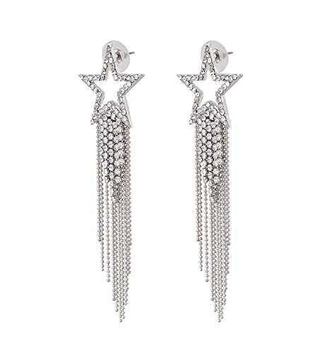 Women’s Tassel Earrings Star Ear Stud Pave Crystal Dangle Earrings Boho Waterfall Beaded Fringe Drop Earring (silver)