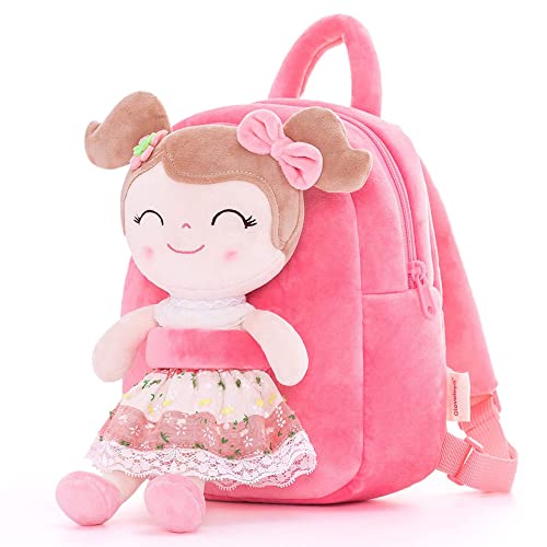 Gloveleya Toddler Backpack Baby Girl Gift Plush Bag Diaper Bag with Spring Girl Doll Pink 9 Inches