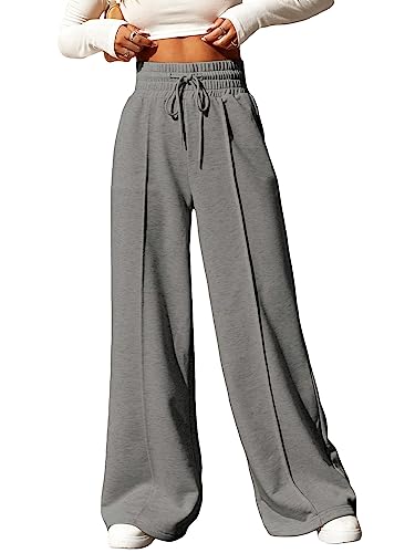 SOLY HUX Women's Drawstring High Waisted Wide Leg Long Pants Casual Sweatpants Dark Grey Plain L