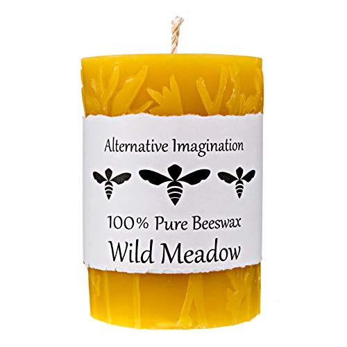 Alternative Imagination 100% Pure Beeswax Pillar Candle (3x4 Inch), 40 Hour, Wild Meadow Design, Hand-Poured