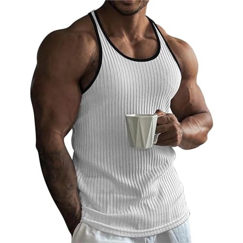 Hoodies for Men Tank Tops Men Casual Ribbed Knit Tank Top for Men Slim Fit Athletic Sleeveless T Shirts Summer Workout Muscle Gym Fitness Undershirts Tops(White,X-Large)