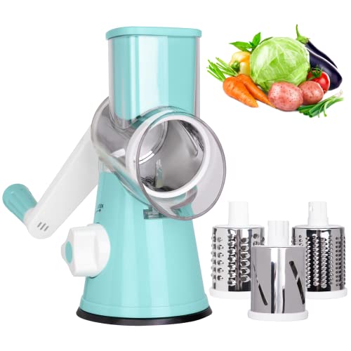 X Home Rotary Cheese Grater, Manual Cheese Shredder with 3 Interchangeable Blades, Mandoline Vegetables Slicer with Strong Suction Base, Mother's Day Gift, Easy to Use and Clean, Blue