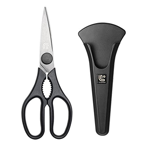 Linoroso Kitchen Shears Heavy Duty Kitchen Scissors with Magnetic Holder, Dishwasher Safe Scissors All Purpose Come Apart Blade Made with Japanese Steel 4034 for Meat/Vegetables/BBQ/Herbs, Black