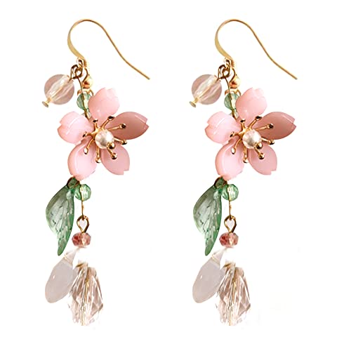 LAKIYOYO Pink Flower Dangle Earrings for Women Cute Pearl Leaf Sakura Leaf Earrings Fairy Statement Summer Refreshing Seaside Idyllic Holiday Earrings